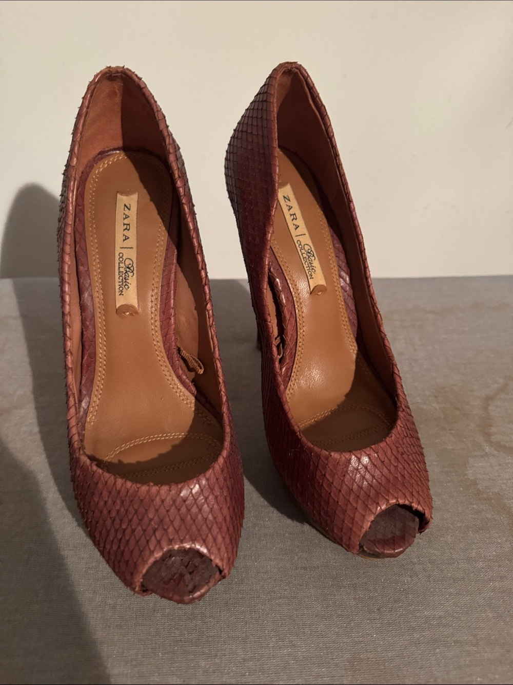 Zara Textured Tan Brown Peep-Toe Heels